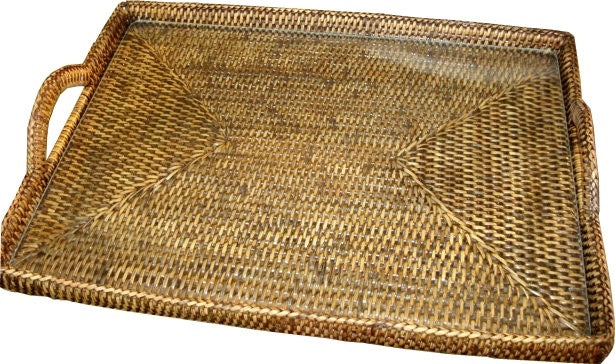 Large Rattan Tray with Glass Insert